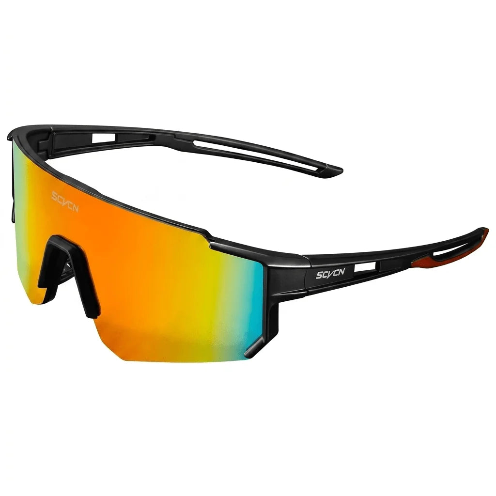 A pair of black sports sunglasses with a vibrant orange and yellow gradient reflective lens, featuring the SCVCN logo.