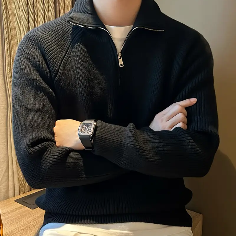 Men's Half Zip Jumper – Black Ribbed Knit for Casual Layering in Autumn and Winter 3