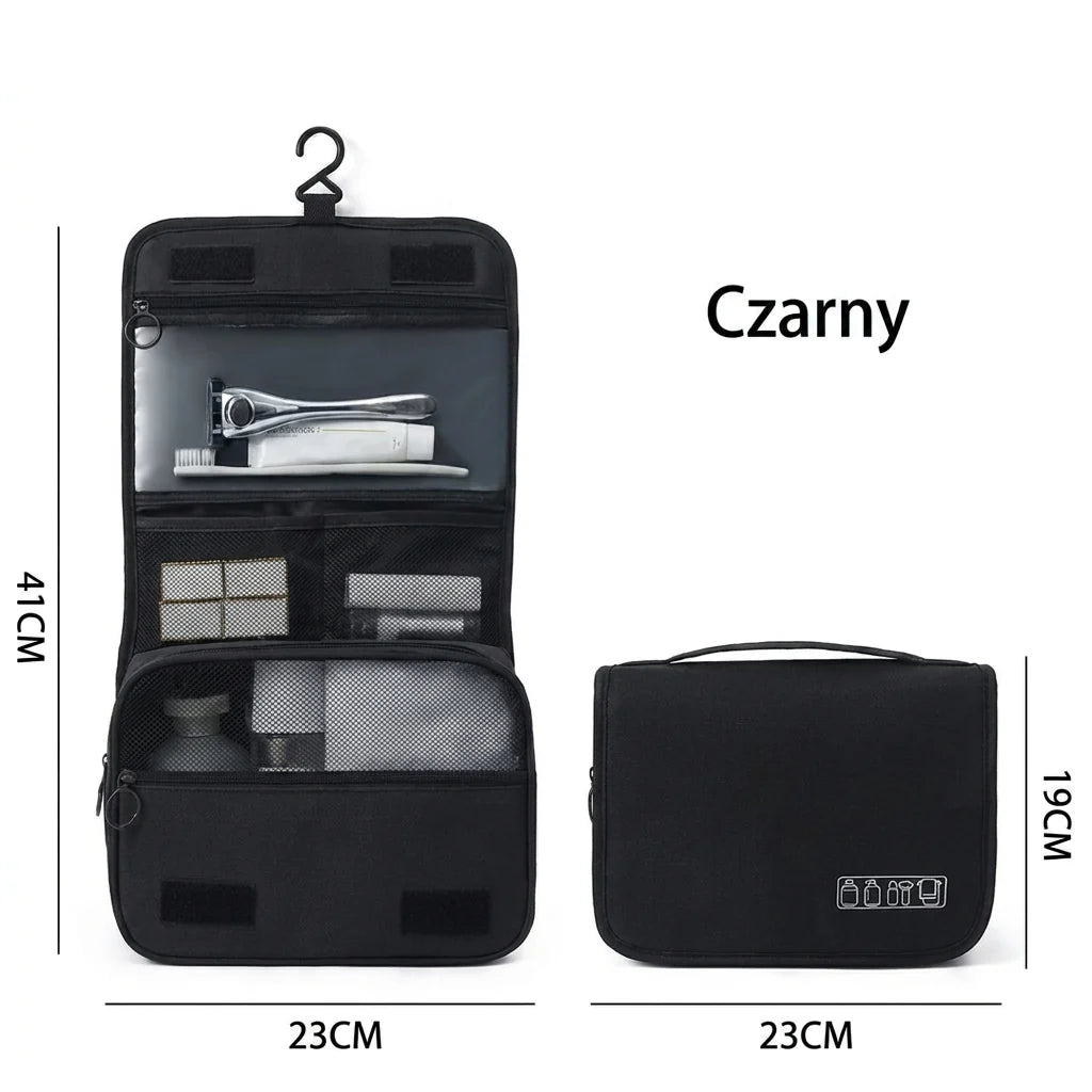A black hanging toiletry bag shown open with compartments and closed, with dimensions labelled in centimetres.