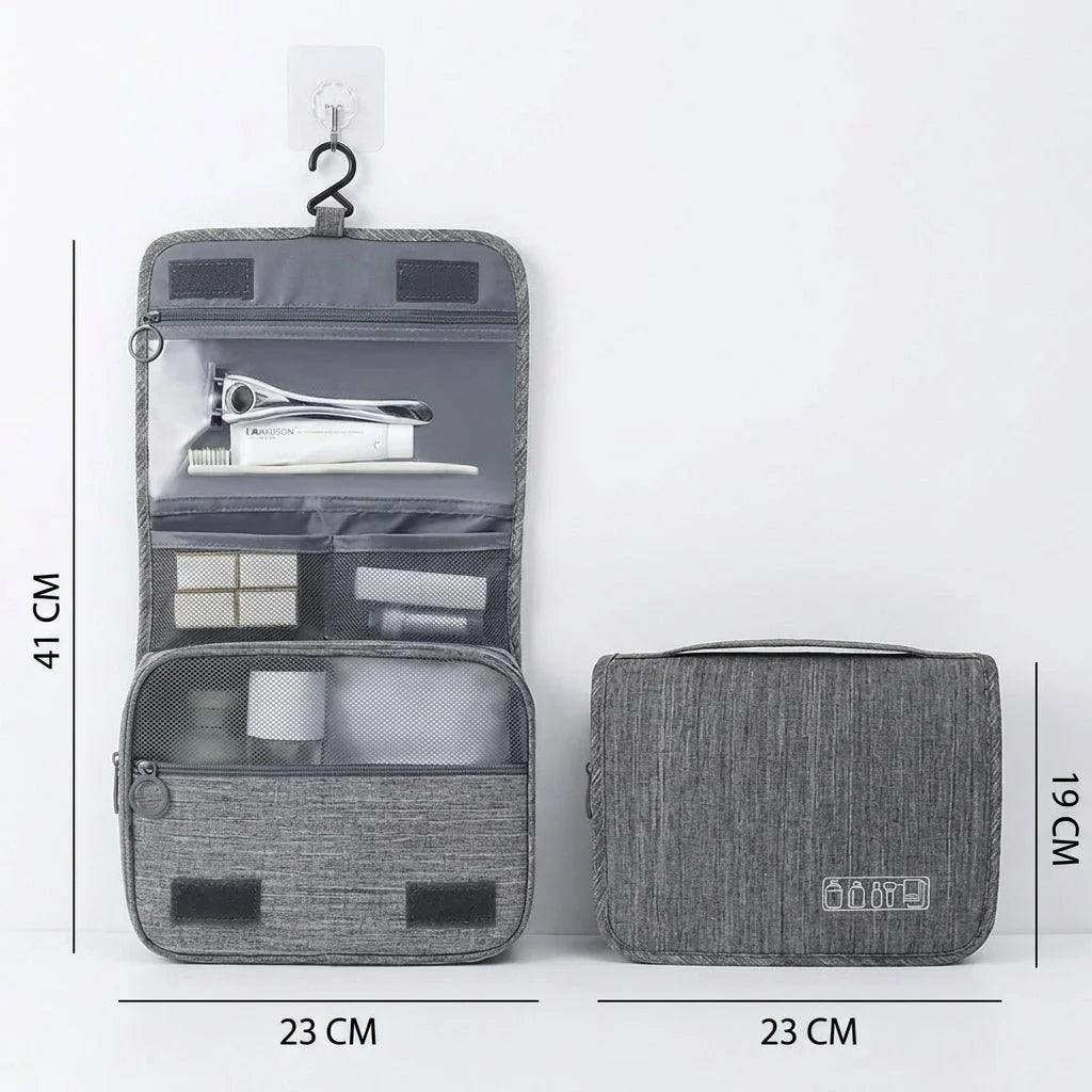 A grey hanging toiletry bag shown open with compartments and closed, with dimensions labelled in centimetres.