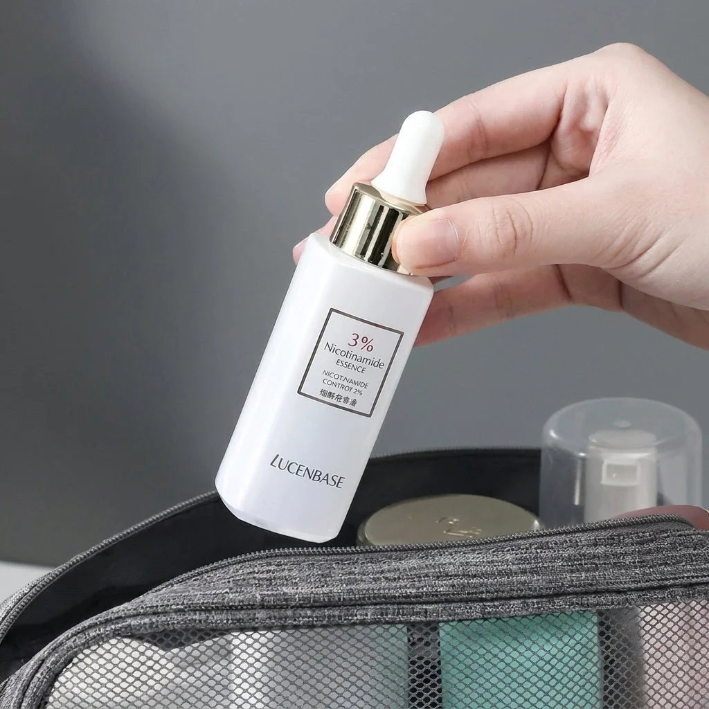A hand holding a white bottle of Lucenbase Nicotinamide essence over a grey hanging toiletry bag.