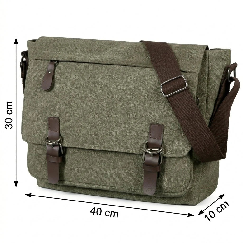 An olive green canvas messenger bag with brown leather straps and an adjustable shoulder strap, showing dimensions of 40cm by 30cm by 10cm.
