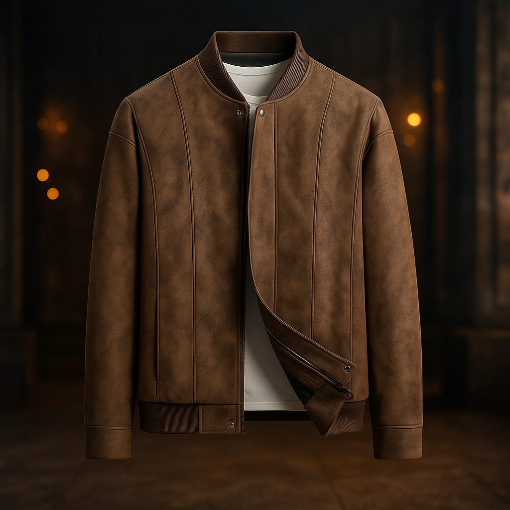 Men's Suede Bomber Jacket – Ribbed Collar, Vertical Panel Seaming for Smart-Casual Wear 2