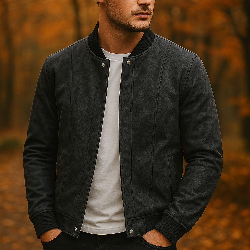 Men's Suede Bomber Jacket – Ribbed Collar, Vertical Panel Seaming for Smart-Casual Wear 4
