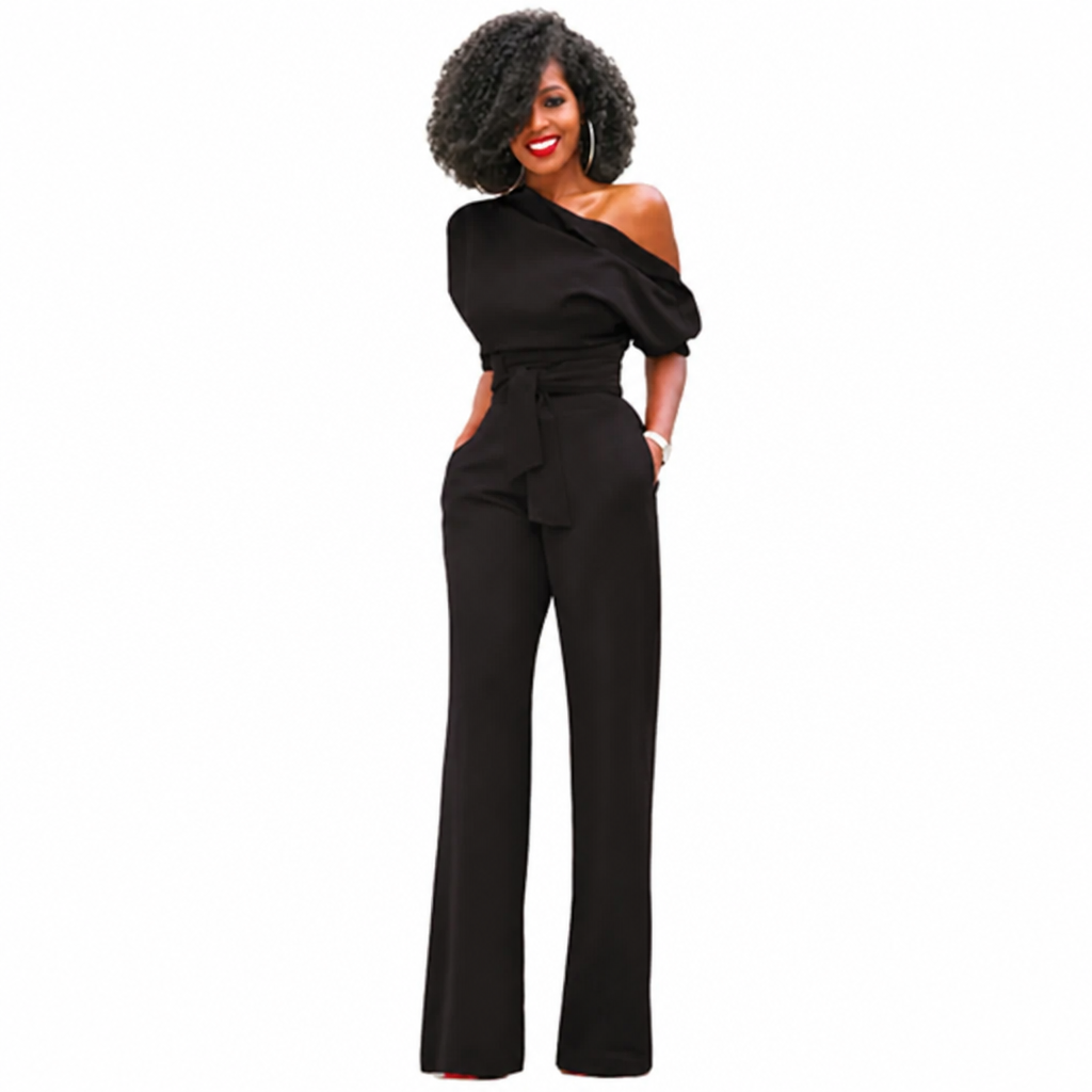 One-Shoulder Wide-Leg Jumpsuit with Belted Waist – Formal Evening Wear