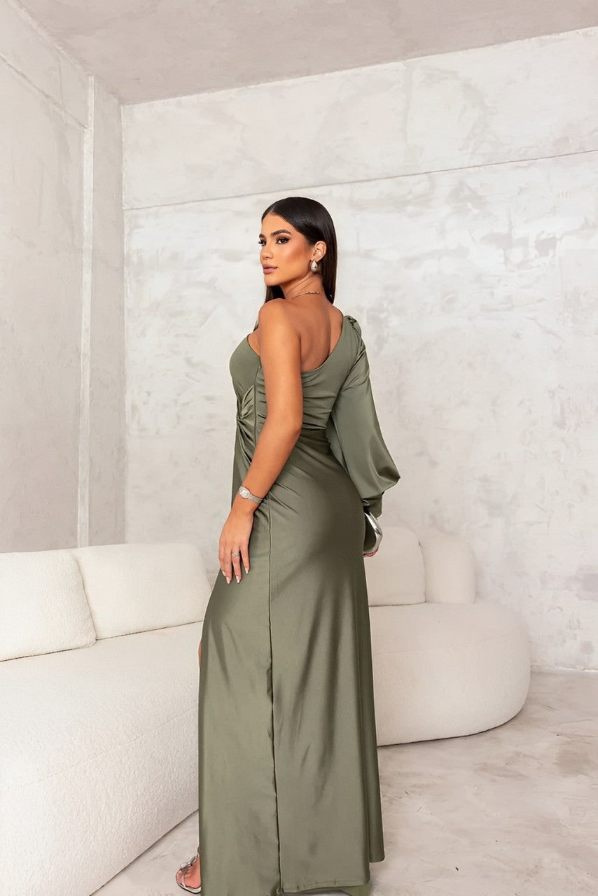 One Shoulder Satin Evening Dress for Women – Draped Waist with High Side Split 1