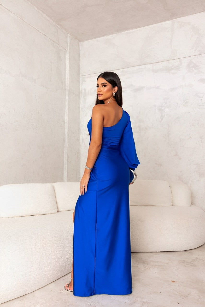 One Shoulder Satin Evening Dress for Women – Draped Waist with High Side Split 6