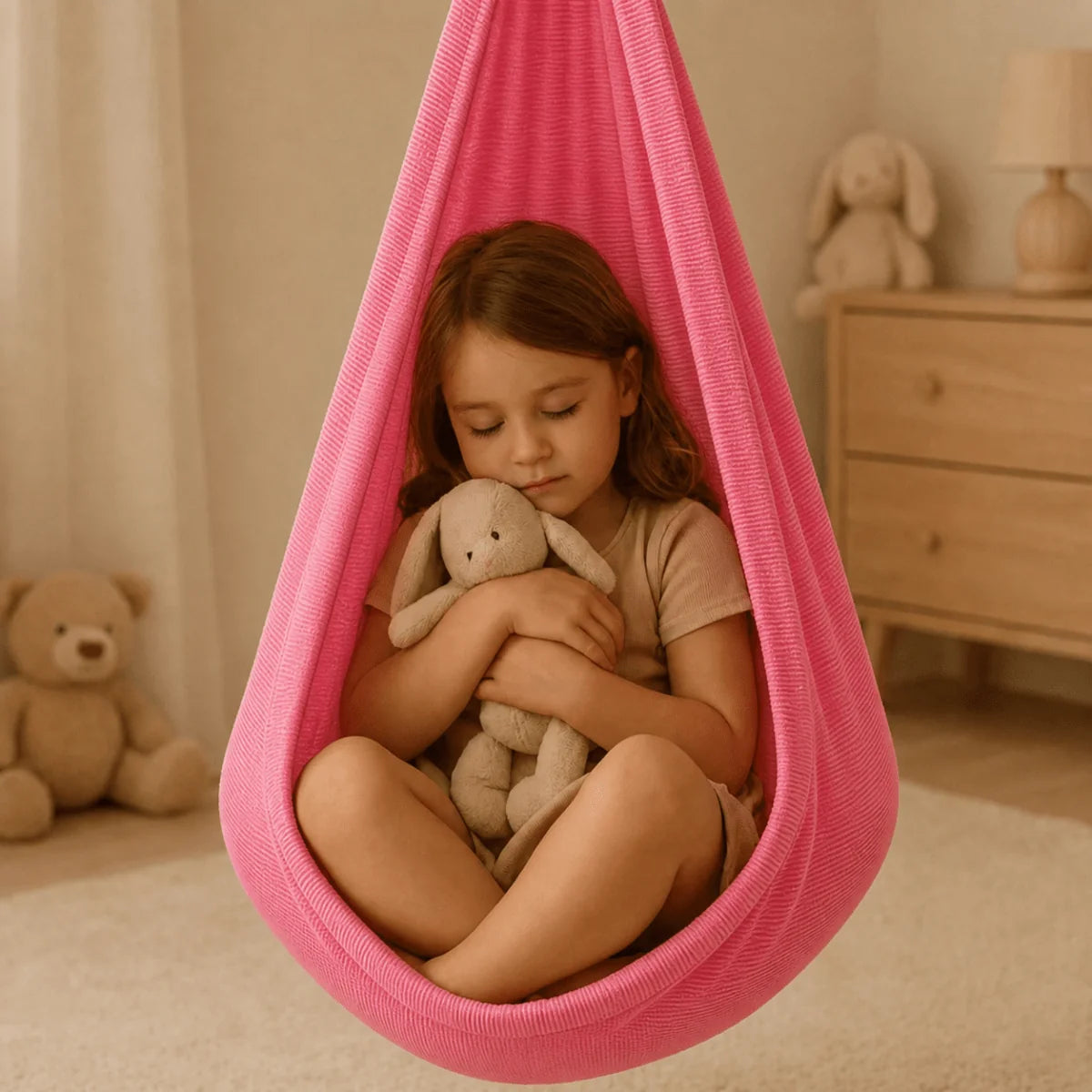 A young girl with her eyes closed, cuddling a plush rabbit toy inside a bright pink sensory cocoon swing chair.