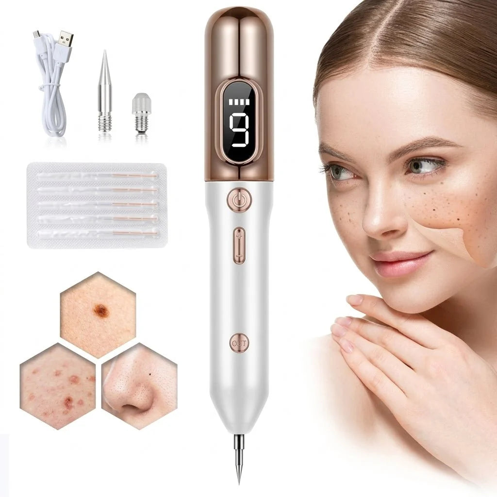 A handheld plasma pen for skin tag and mole removal with nine intensity levels, shown with accessories and skin examples.