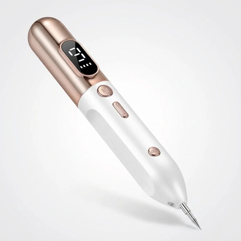 A white and rose gold handheld plasma pen for skin tag and mole removal with a digital display showing intensity level 07.
