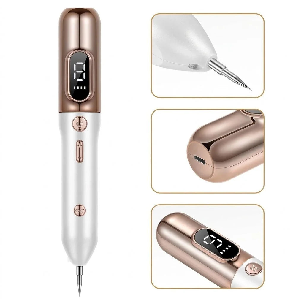 A white and rose gold plasma pen for skin tag removal, showing the digital intensity display and charging port.