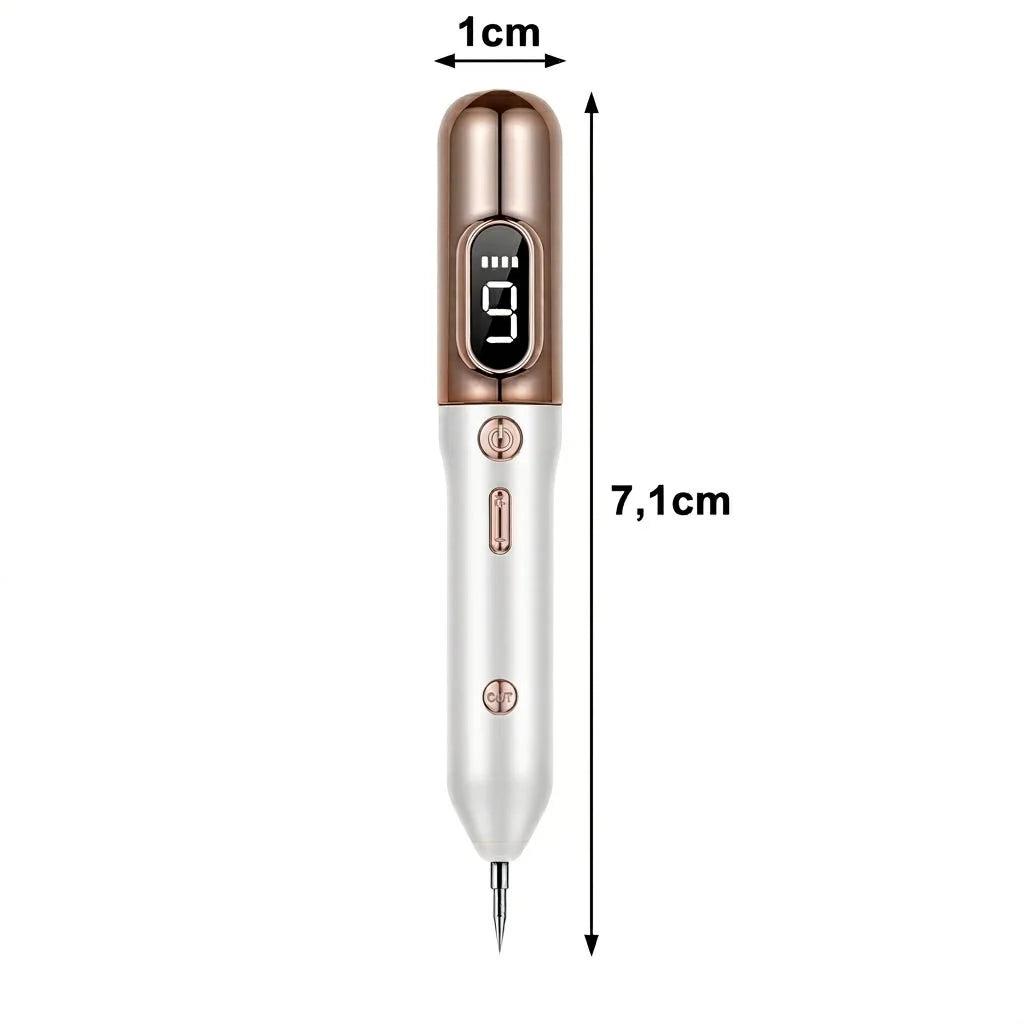 A white and rose gold plasma pen for skin tag removal, showing a digital display set to level 9 and dimensions of 7.1cm.
