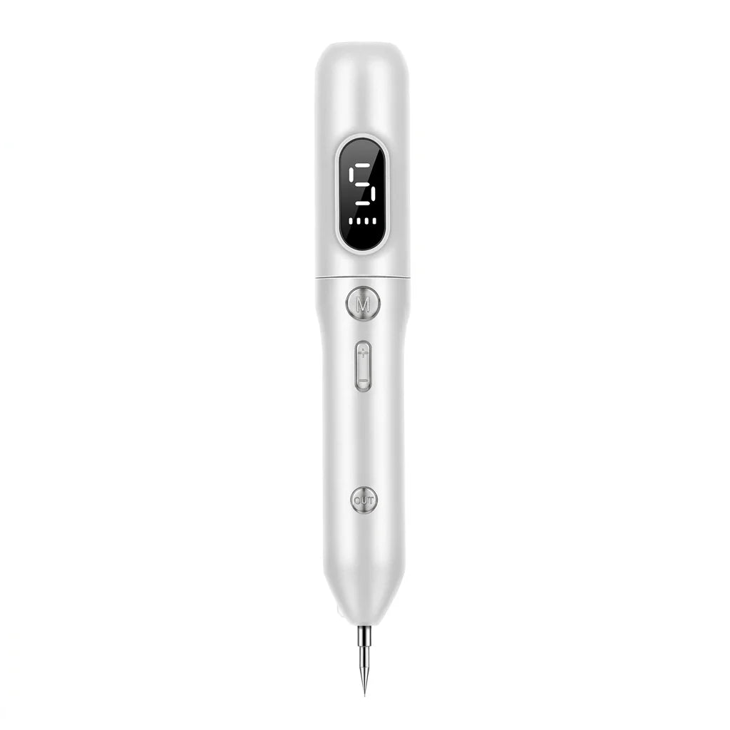 A white handheld plasma pen for skin tag removal with a digital display showing intensity level 5 and control buttons.