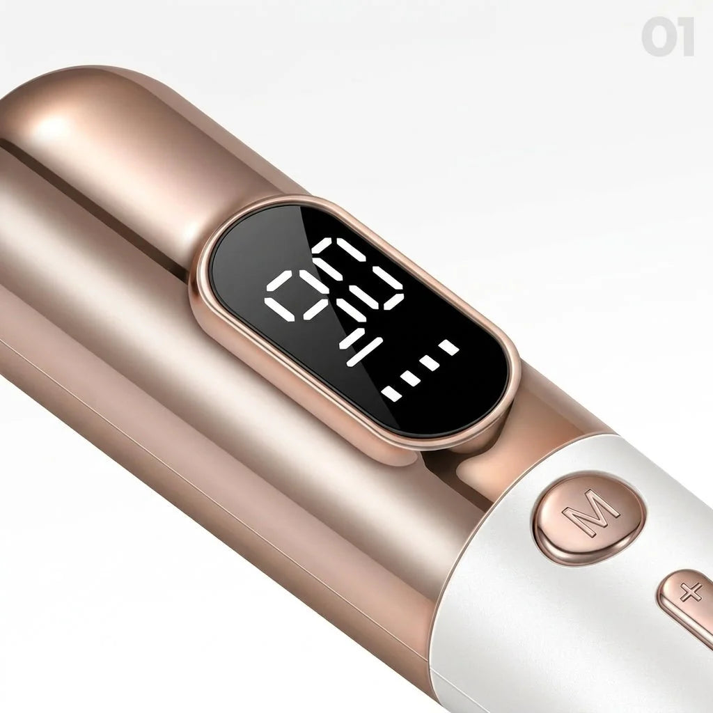 Close-up of a rose gold plasma pen showing a digital display with intensity settings and an M button.