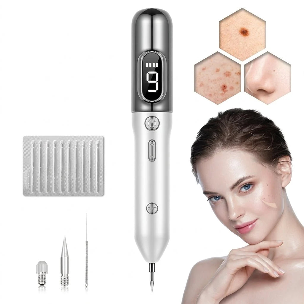 A handheld plasma pen for skin tag and mole removal with nine intensity levels, shown with needles and a woman's face.