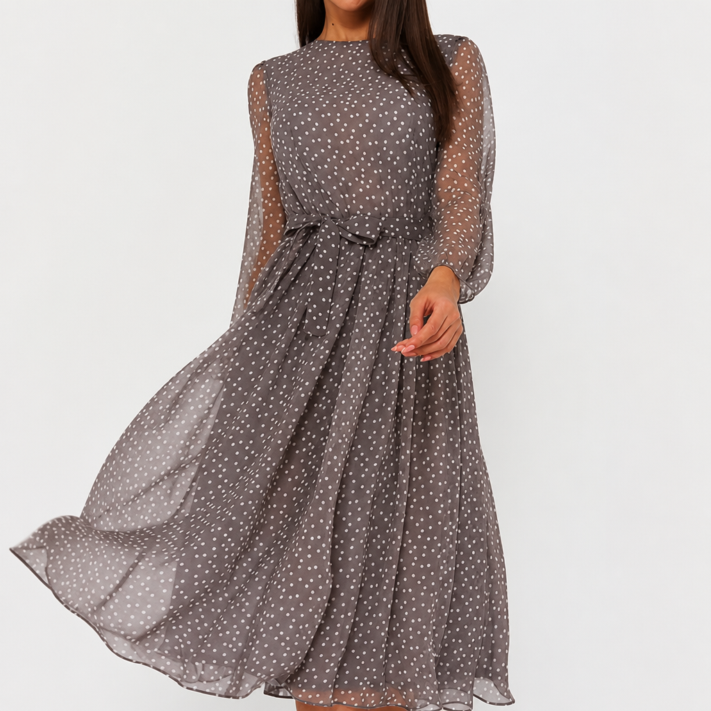 Polka Dot Midi Dress with Waist Tie – Sheer Sleeves for Summer Parties and Weddings