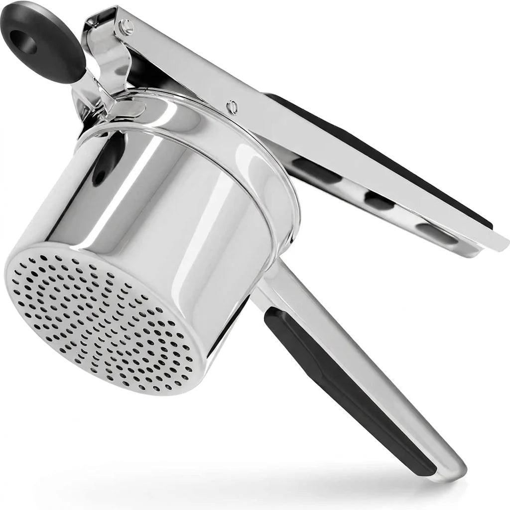 A stainless steel potato ricer with black silicone grips on the handles, shown against a white background.