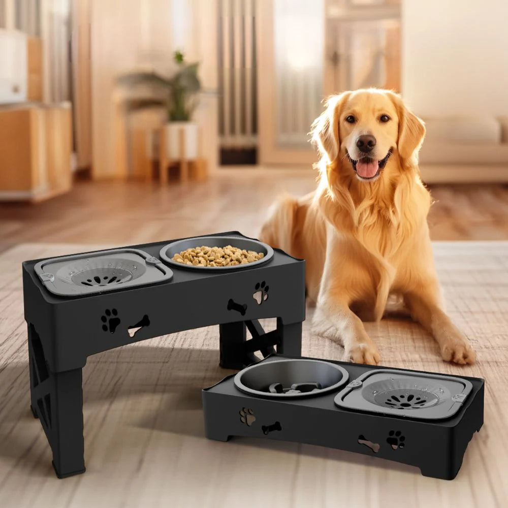 A happy golden retriever sitting on a wooden floor next to two black adjustable elevated slow feeder dog bowls.