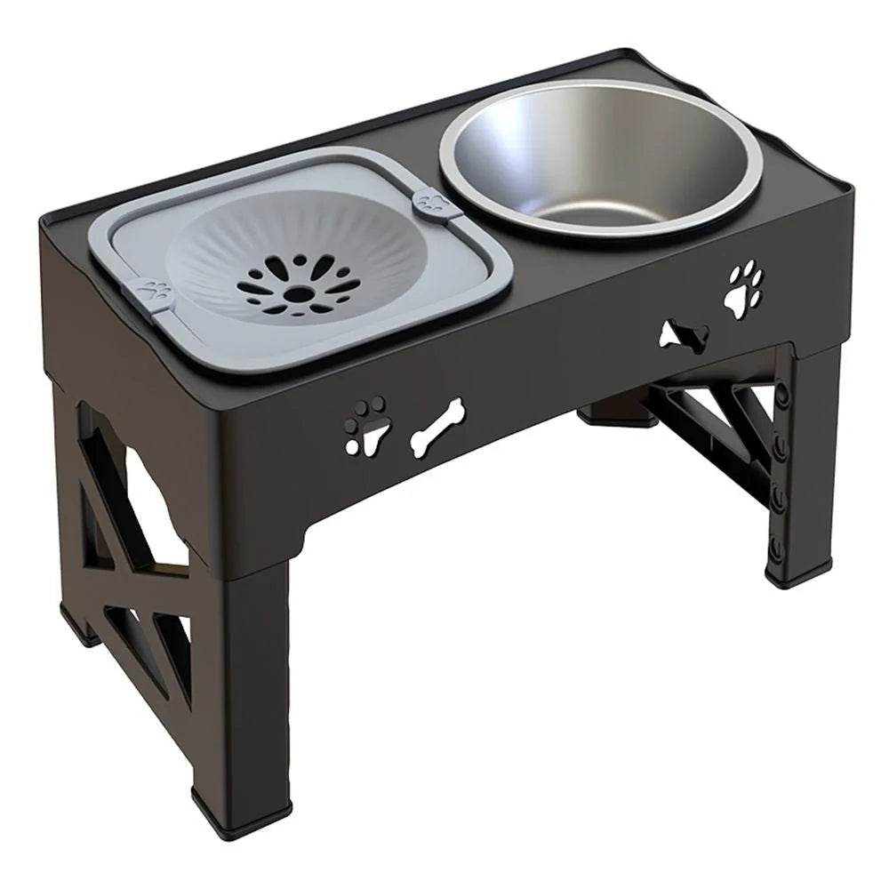 An elevated dog feeder with an adjustable black stand, featuring one slow-feeder bowl and one stainless steel water bowl.