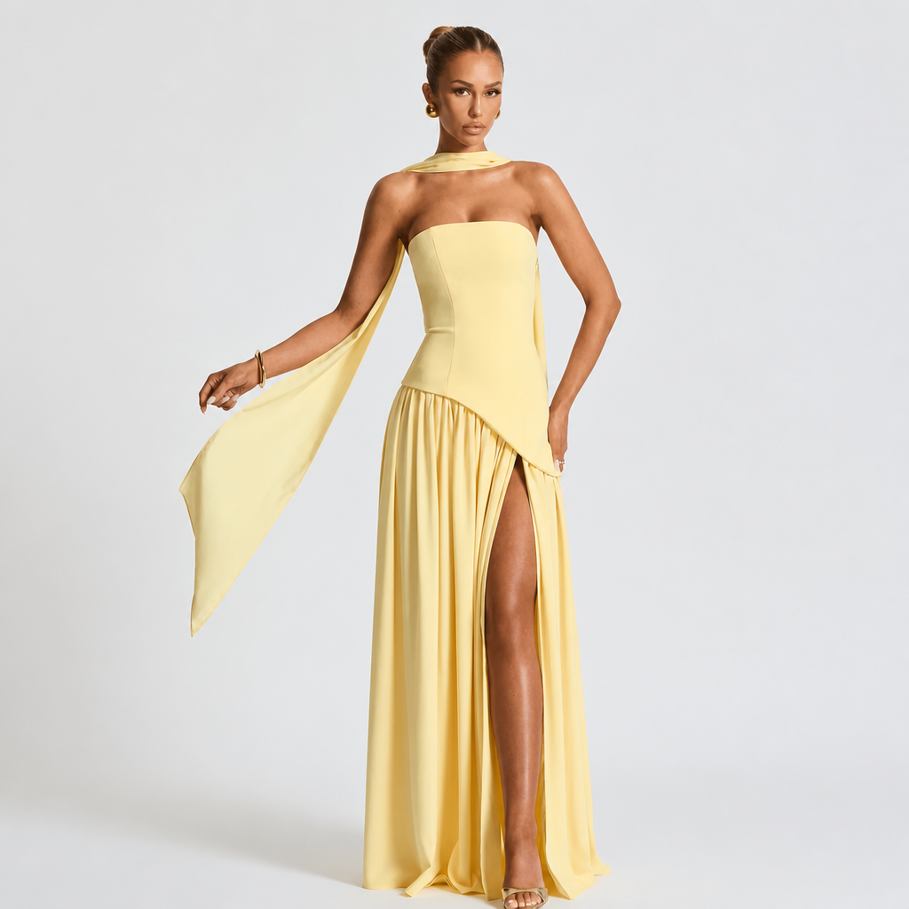 Strapless Evening Dress with Side Split – Wedding Guest Maxi Gown