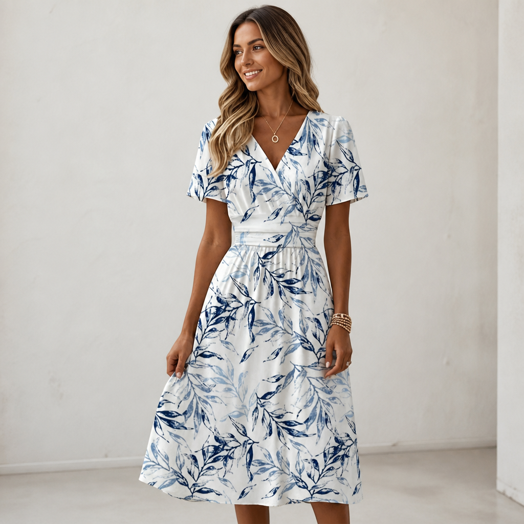 Summer Floral Wrap Midi Dress – V-Neck with Tie Waist, Plus Size Available