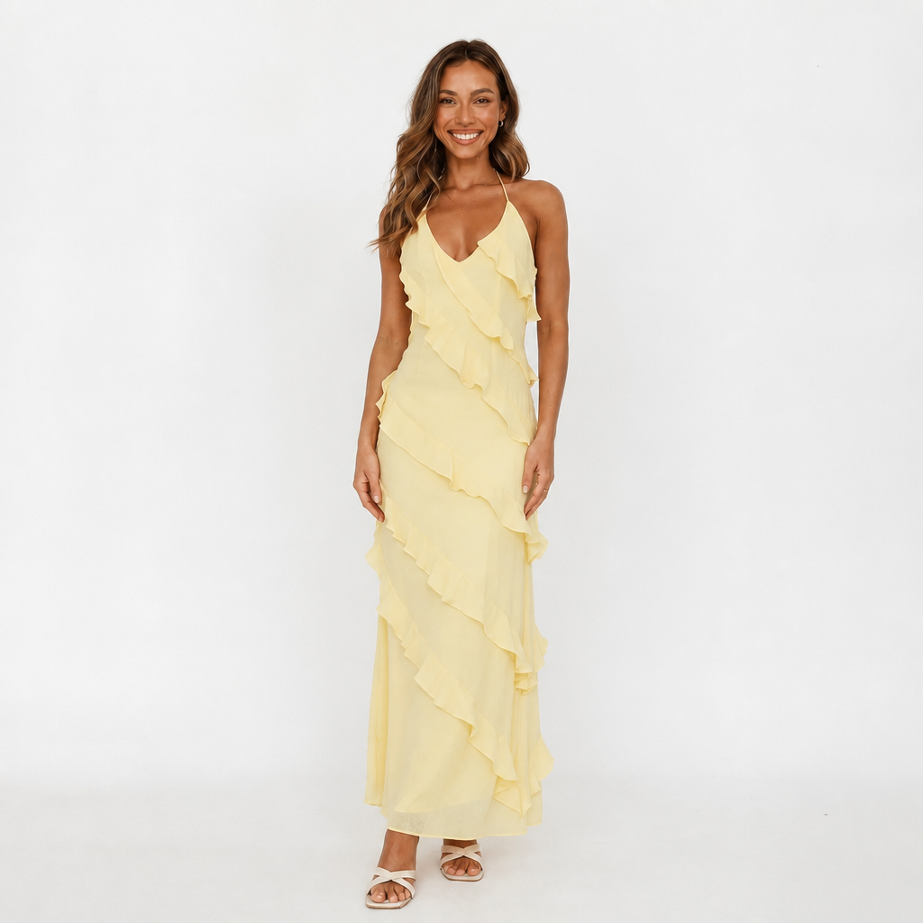 Summer Maxi Dress – Lightweight Halter Style with Tiered Ruffles for Cocktail Events