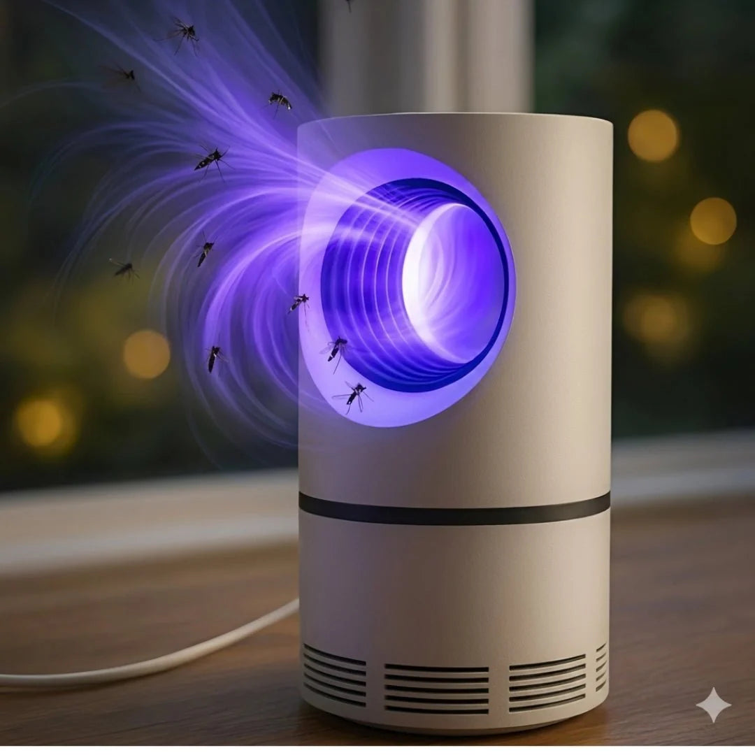 A white cylindrical UV mosquito trap sitting on a wooden surface, emitting a purple light that attracts several insects.