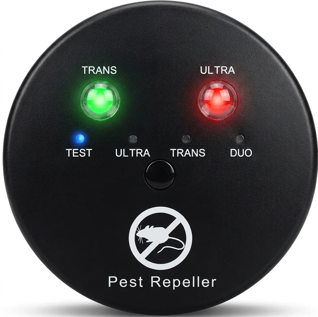 A round black ultrasonic pest repeller device with a green and red light, a blue test button, and a mouse icon.