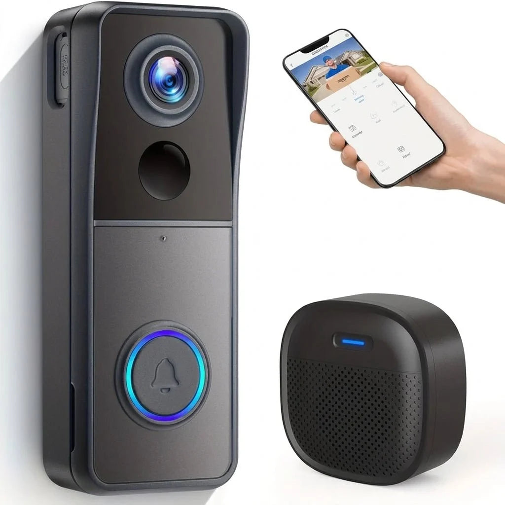 A wireless video doorbell camera with a matching indoor chime, shown with a smartphone displaying a live camera feed.
