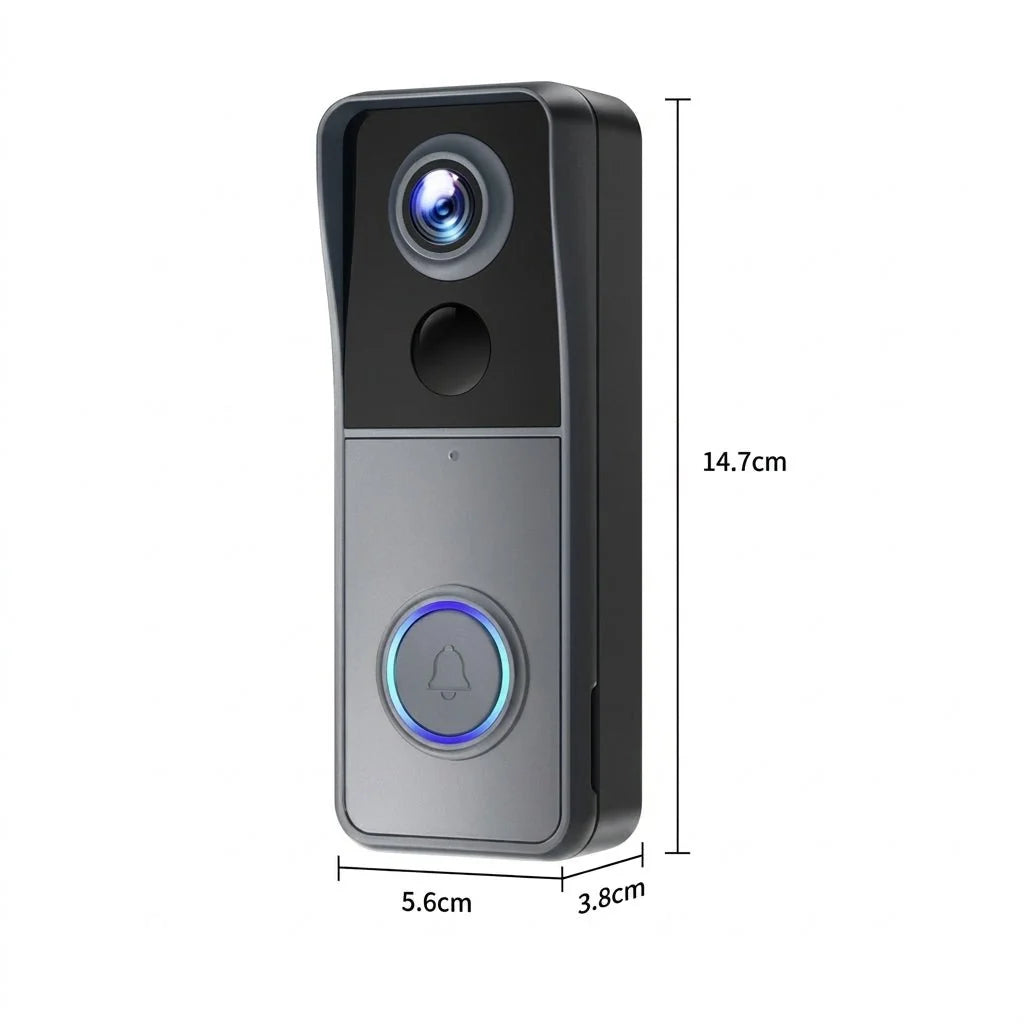 A sleek, grey video doorbell camera with a central lens and a glowing blue ring button, showing its dimensions in centimetres.