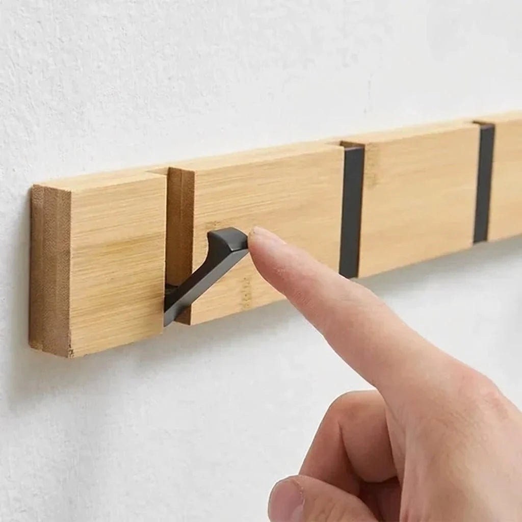 Wall Mounted Coat Rack with Hidden Hooks – Bamboo and Aluminum Organizer for Hallway 0