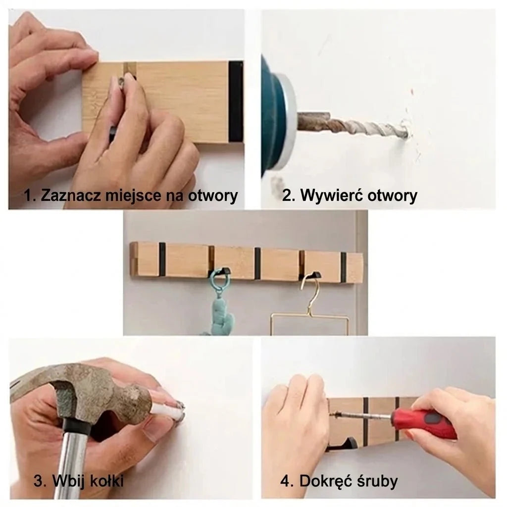 Wall Mounted Coat Rack with Hidden Hooks – Bamboo and Aluminum Organizer for Hallway 4