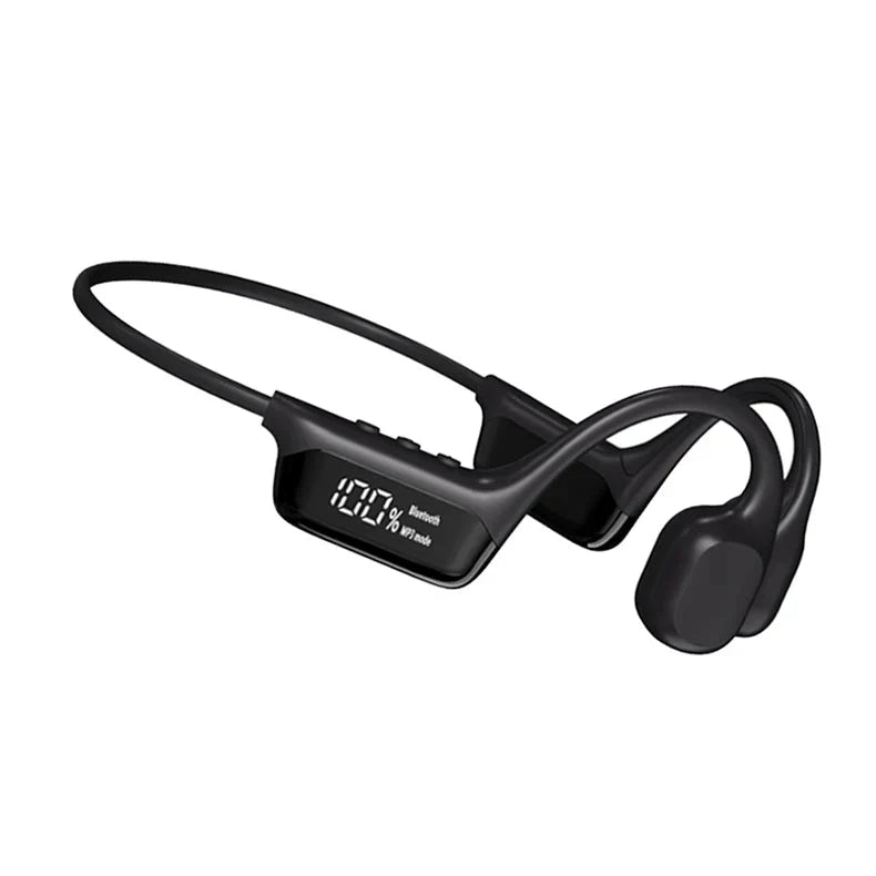 Black bone conduction swimming headphones with a digital display showing 100% battery and MP3 mode status.