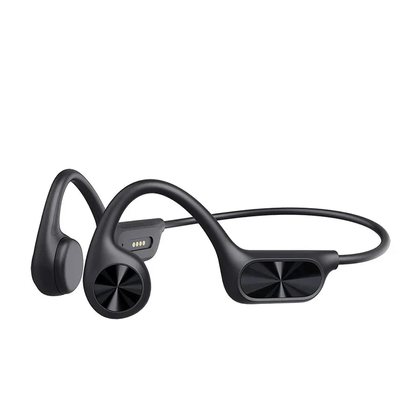 Black bone conduction swimming headphones with a wraparound neckband and magnetic charging pins.