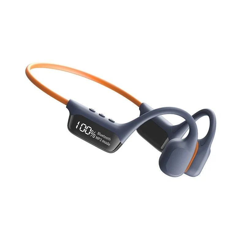 Dark blue and orange bone conduction swimming headphones showing a 100% battery level on the digital display.