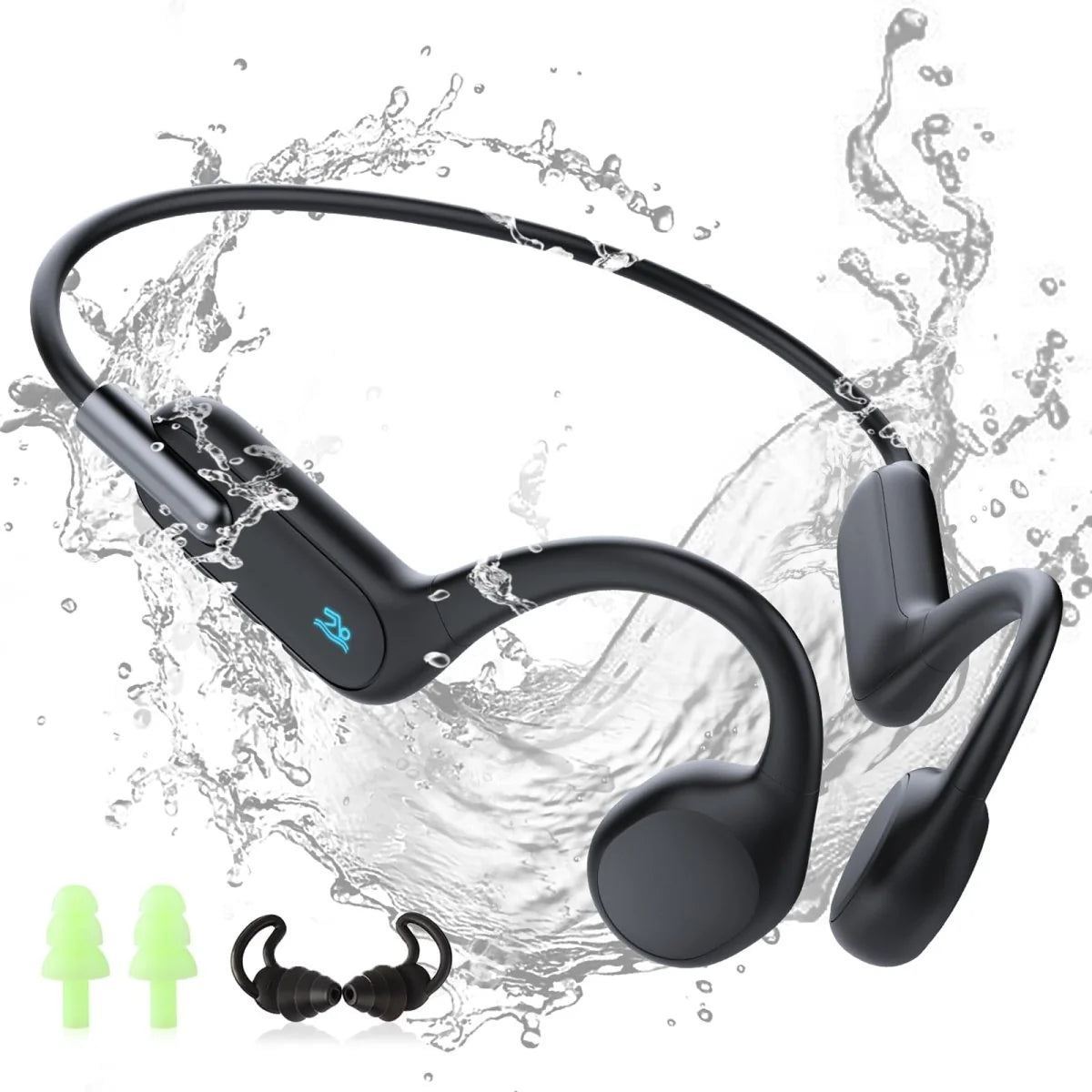 Waterproof bone conduction swimming headphones with a blue swimmer icon, shown with two pairs of earplugs and water splashes.