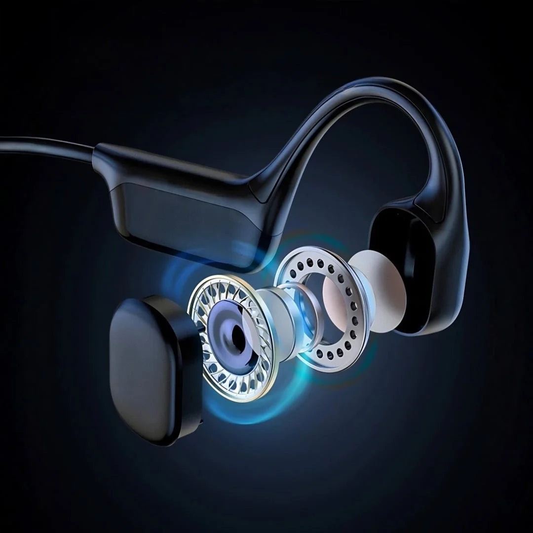 An exploded view of a bone conduction headphone component, showing the internal speaker driver, casing, and acoustic layers.