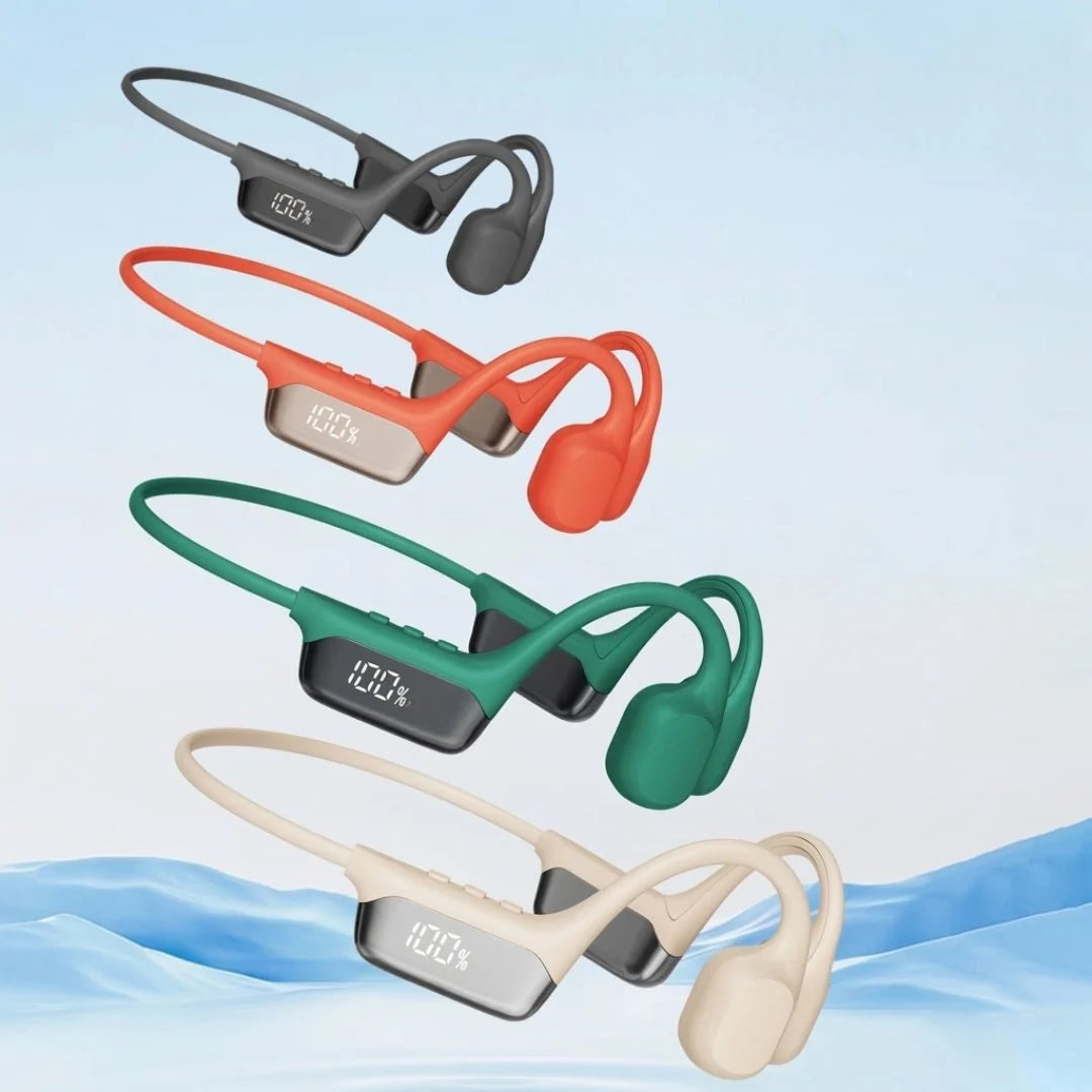 Four bone conduction swimming headphones in grey, orange, green, and beige, each displaying a 100% battery charge level.