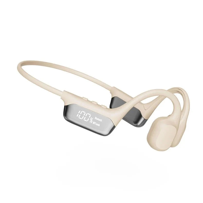 Beige bone conduction swimming headphones with a digital display showing 100% battery and MP3 mode indicator.