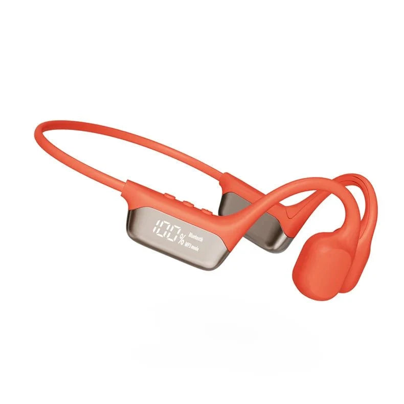 Orange bone conduction swimming headphones with a digital display showing 100% battery and MP3 mode.