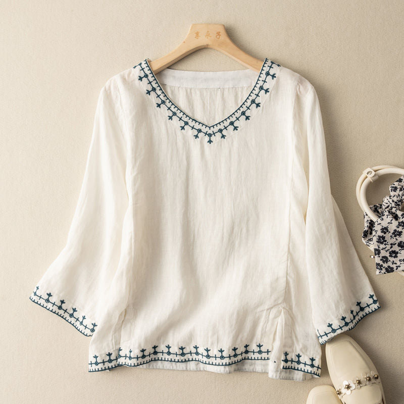 White Blouse for Women – Embroidered V-Neck, Lightweight and Comfortable 0