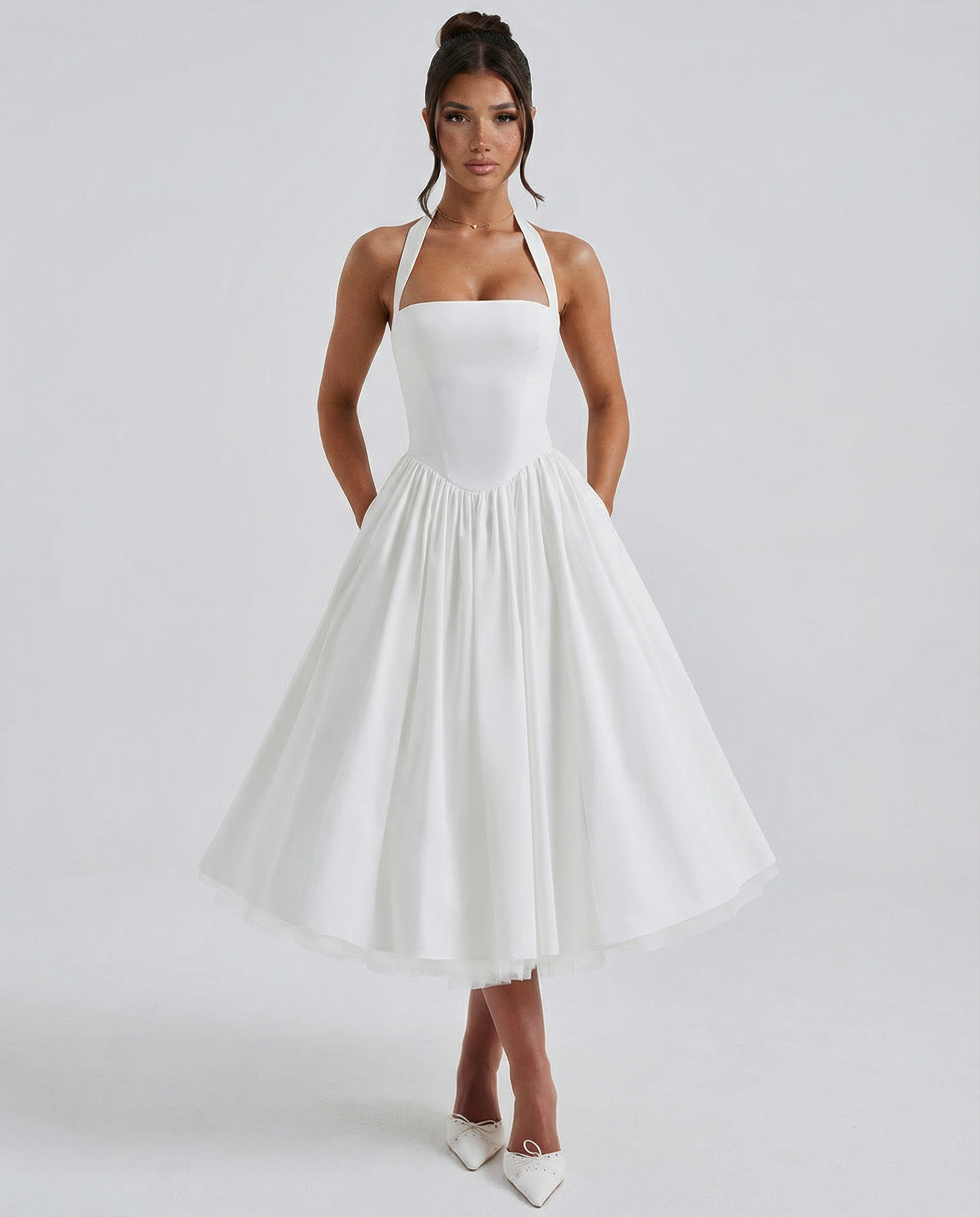 White Midi Dress for Women – Halter Neckline, Structured Bodice for Summer Formal Events 0