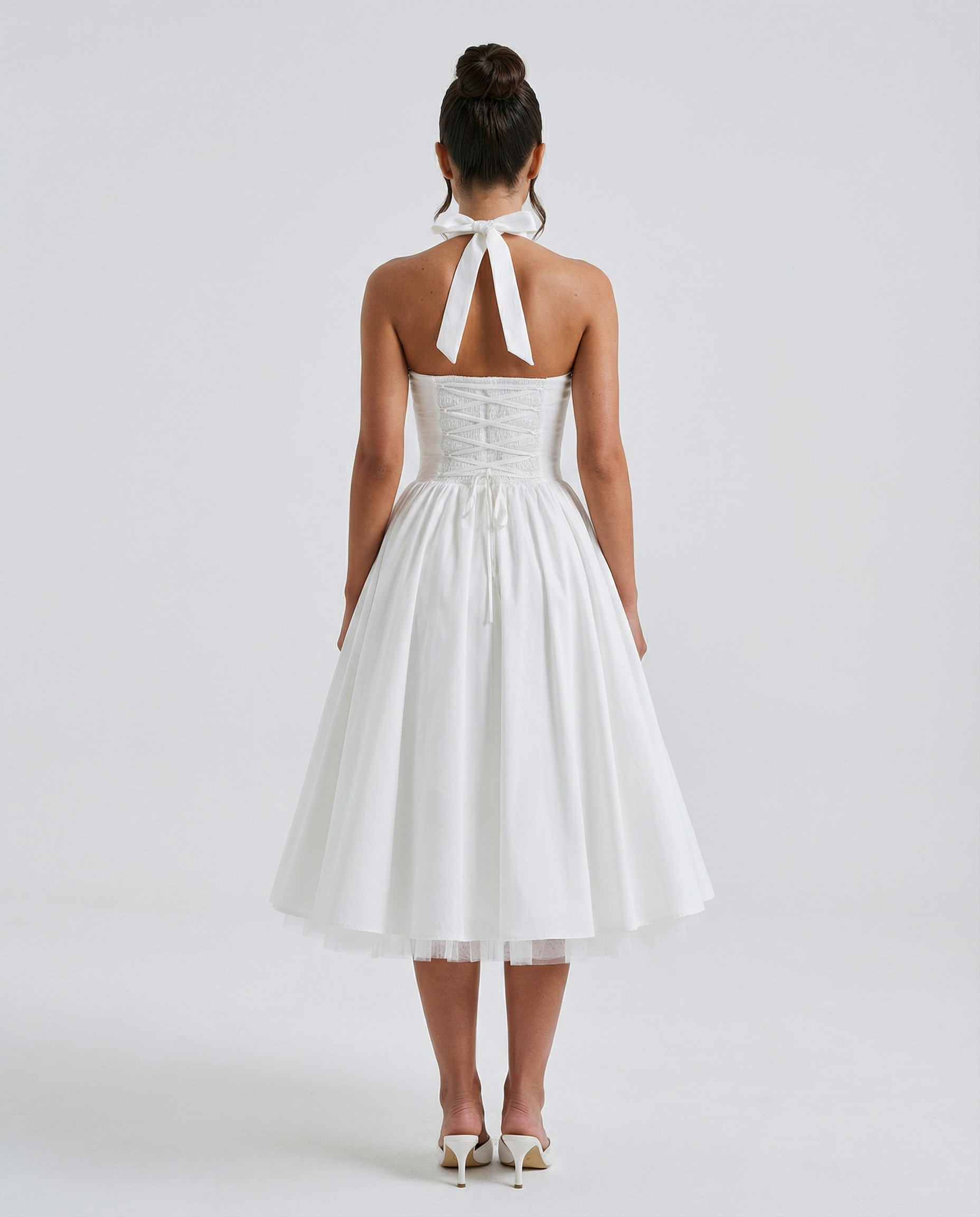 White Midi Dress for Women – Halter Neckline, Structured Bodice for Summer Formal Events 1