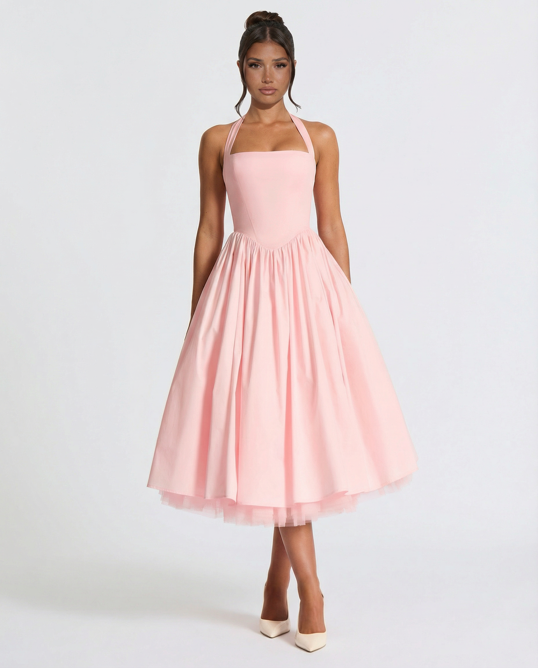 White Midi Dress for Women – Halter Neckline, Structured Bodice for Summer Formal Events 10