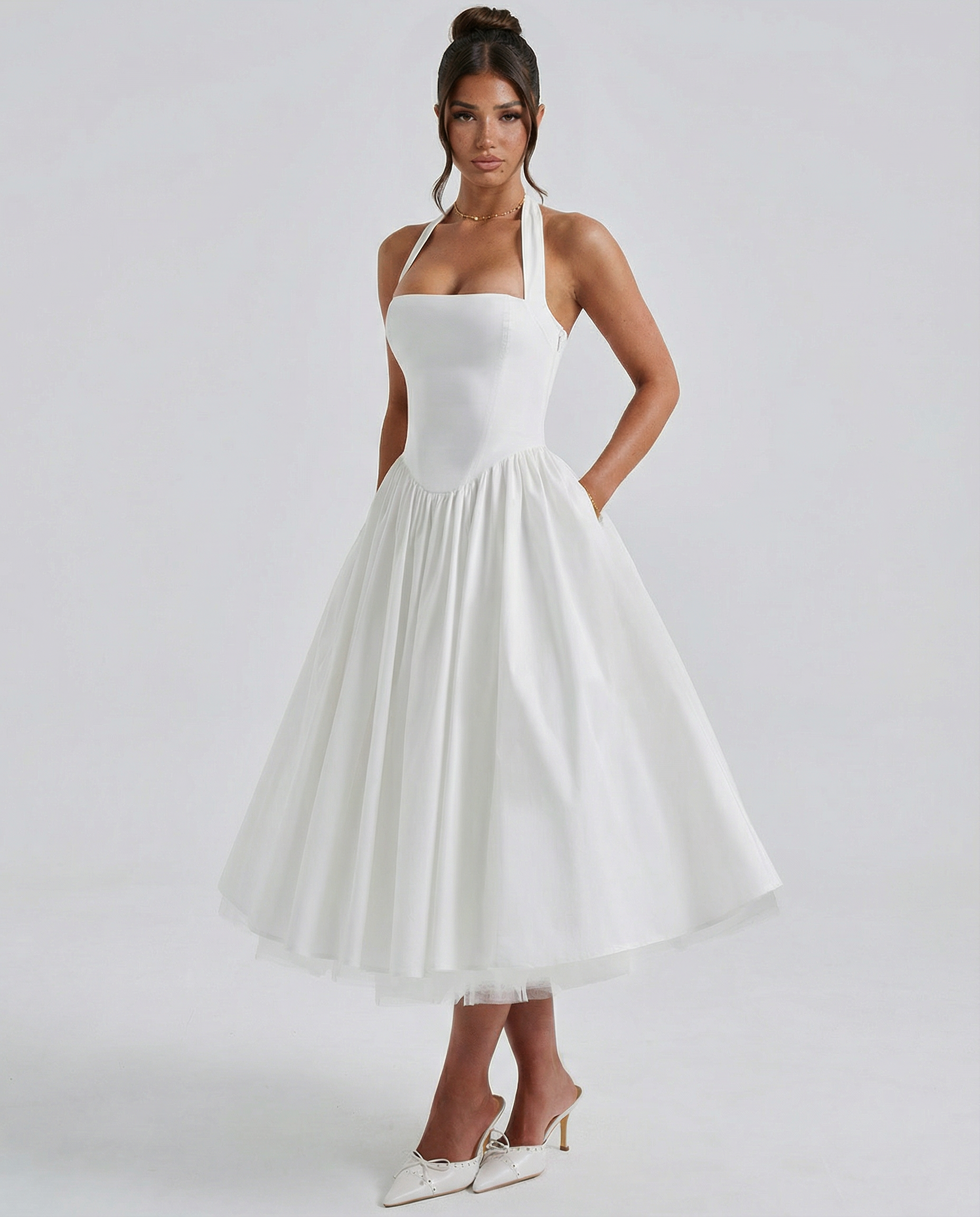 White Midi Dress for Women – Halter Neckline, Structured Bodice for Summer Formal Events 2
