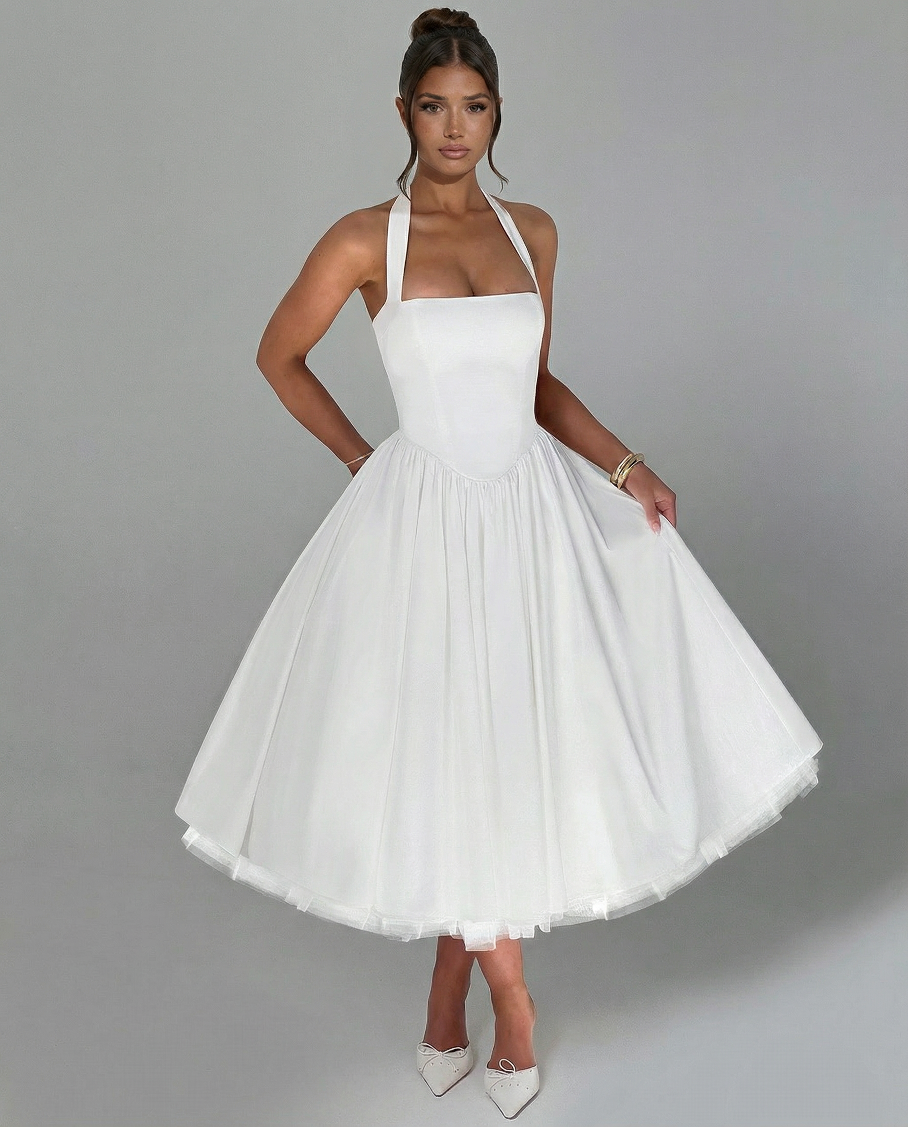 White Midi Dress for Women – Halter Neckline, Structured Bodice for Summer Formal Events 4