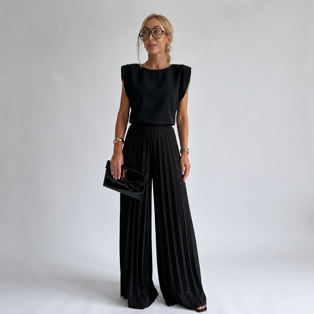 Wide-Leg Jumpsuit with Pleats – Structured Shoulders