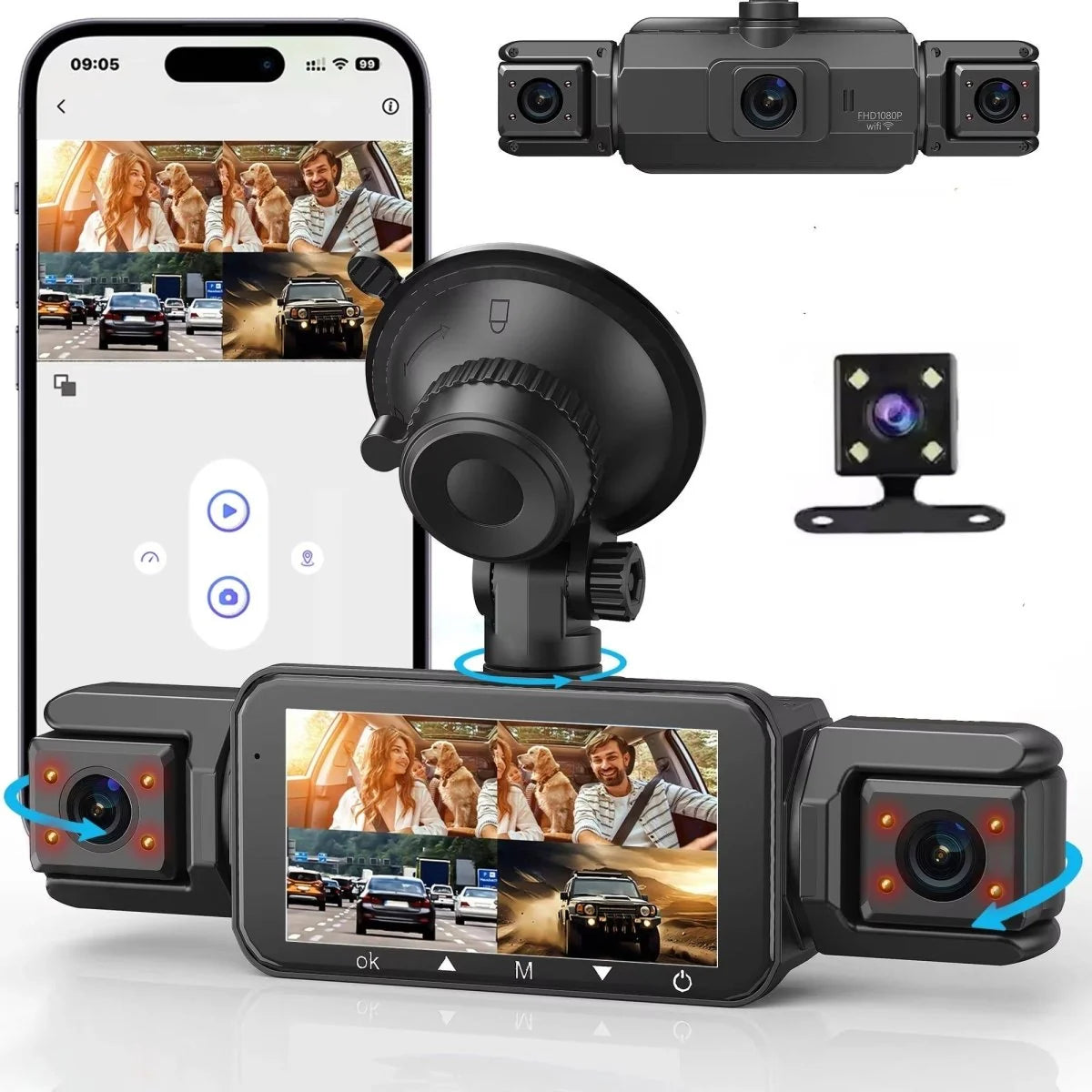 A four-camera wireless dash cam system with a main display unit, suction mount, and rear camera, showing a live feed.
