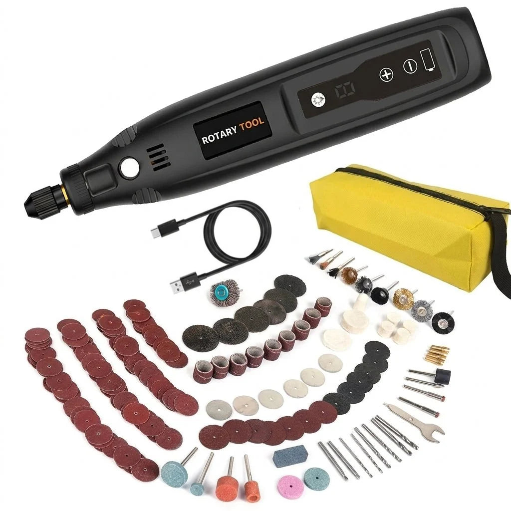 A cordless rotary tool with a USB charging cable, a yellow storage bag, and a large assortment of various grinding bits.