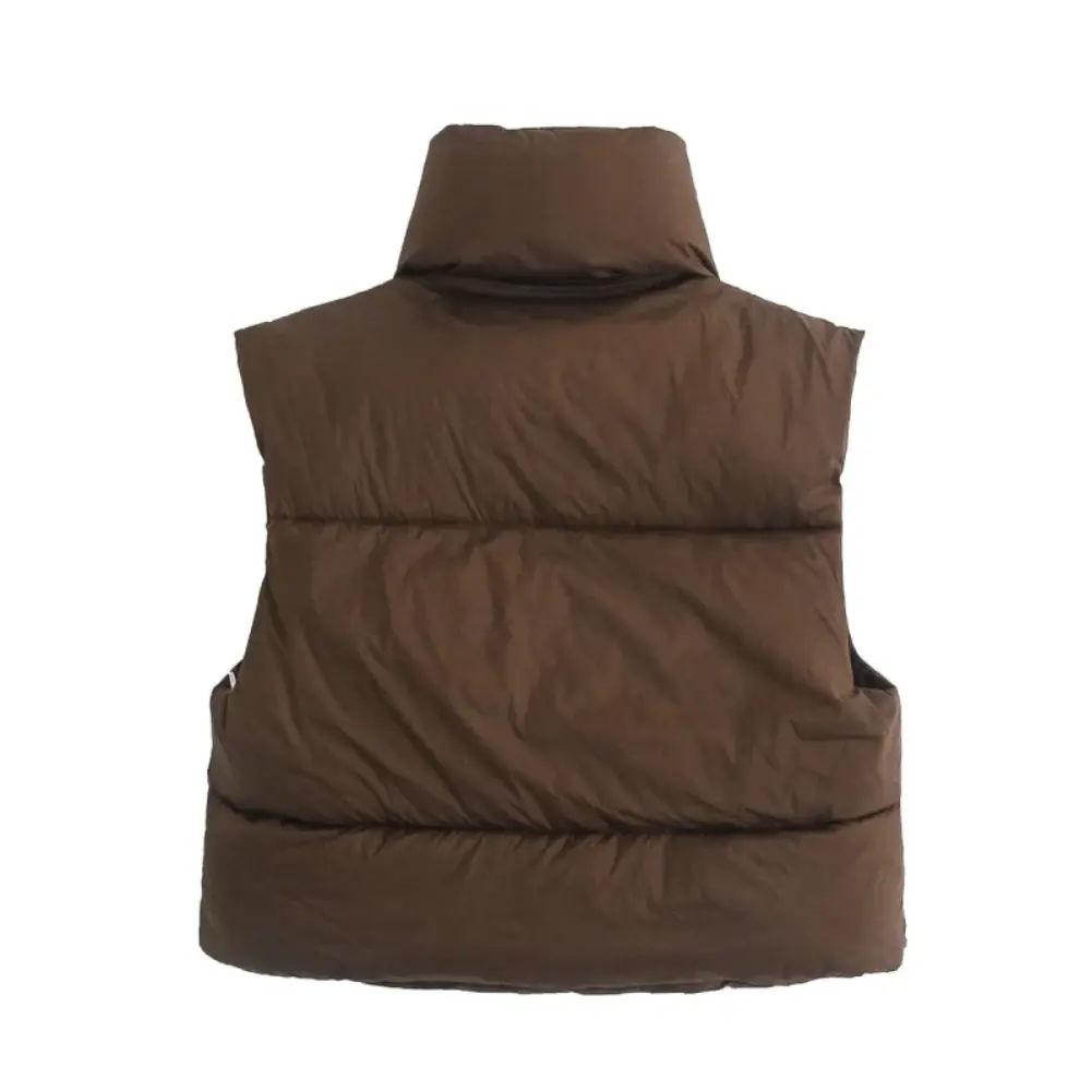 Women's Black Cropped Puffer Vest – Sleeveless Layer with Stand Collar for Transitional Weather 1